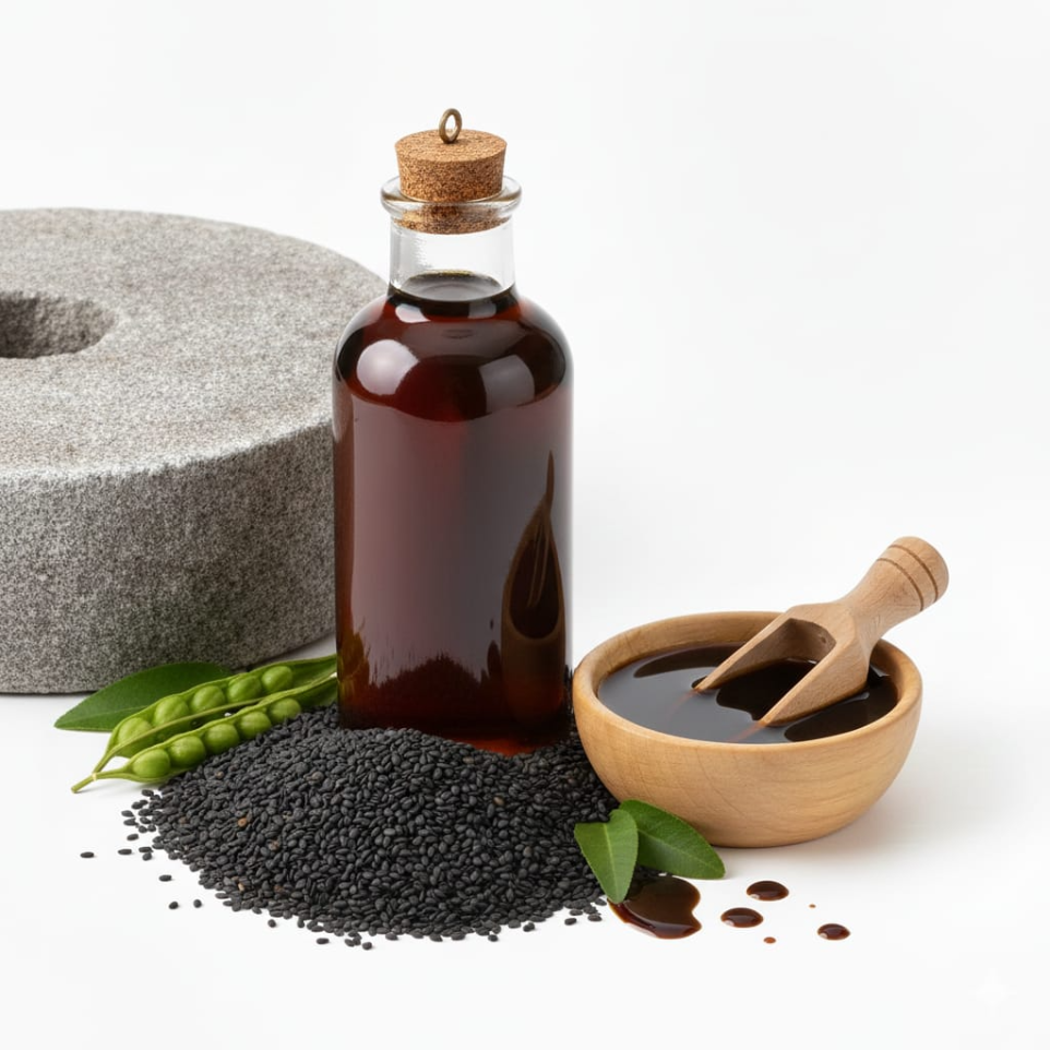Black sesame oil stone pressed using traditional ghani process for edible and ayurvedic use