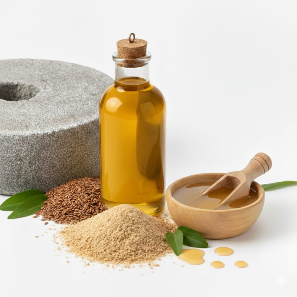 Stone pressed flaxseed oil rich in omega 3 – traditional cold pressed oil exporter India