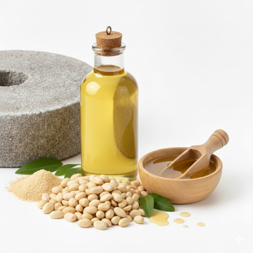 Stone pressed groundnut oil extracted using traditional wooden ghani method in India