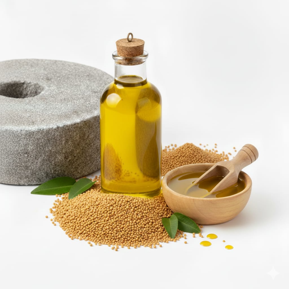 Cold pressed mustard oil in glass bottle with seeds – natural stone pressed oil exporter India