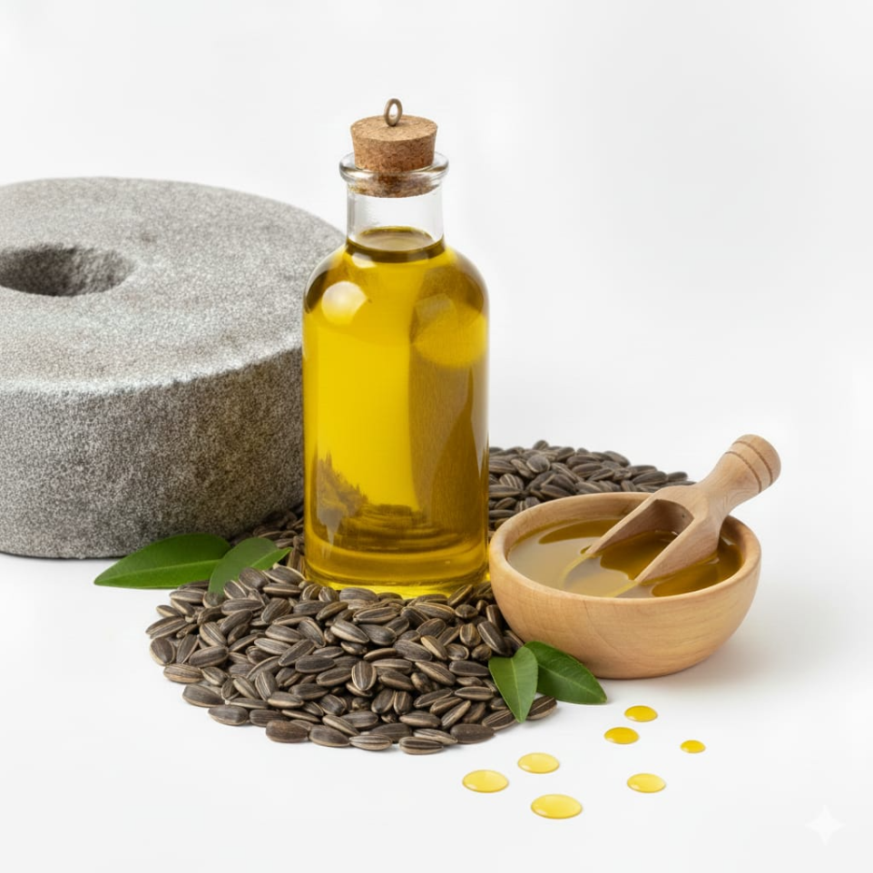 Stone pressed safflower oil extracted using traditional wooden ghani method in India