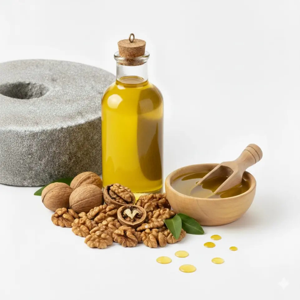 walnut oil Cold pressed edible oils collection by HKWT INDIA for bulk export Traditional wood pressed oil bottles with seeds – export quality packaging Stone pressed oils manufacturer India supplying bulk and private label orders
