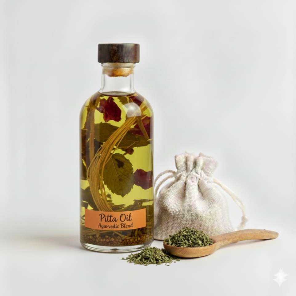 Traditional ayurvedic oil blended with herbs for daily body care