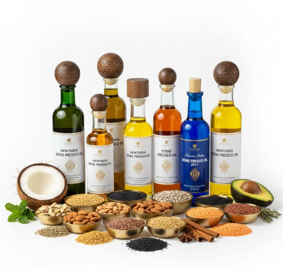 Traditional wood and stone pressed oil extraction process in India